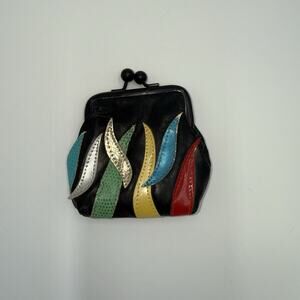 Vintage Gimbel Accessories Coin Purse Kiss Lock Black Faux Leather Multicolor